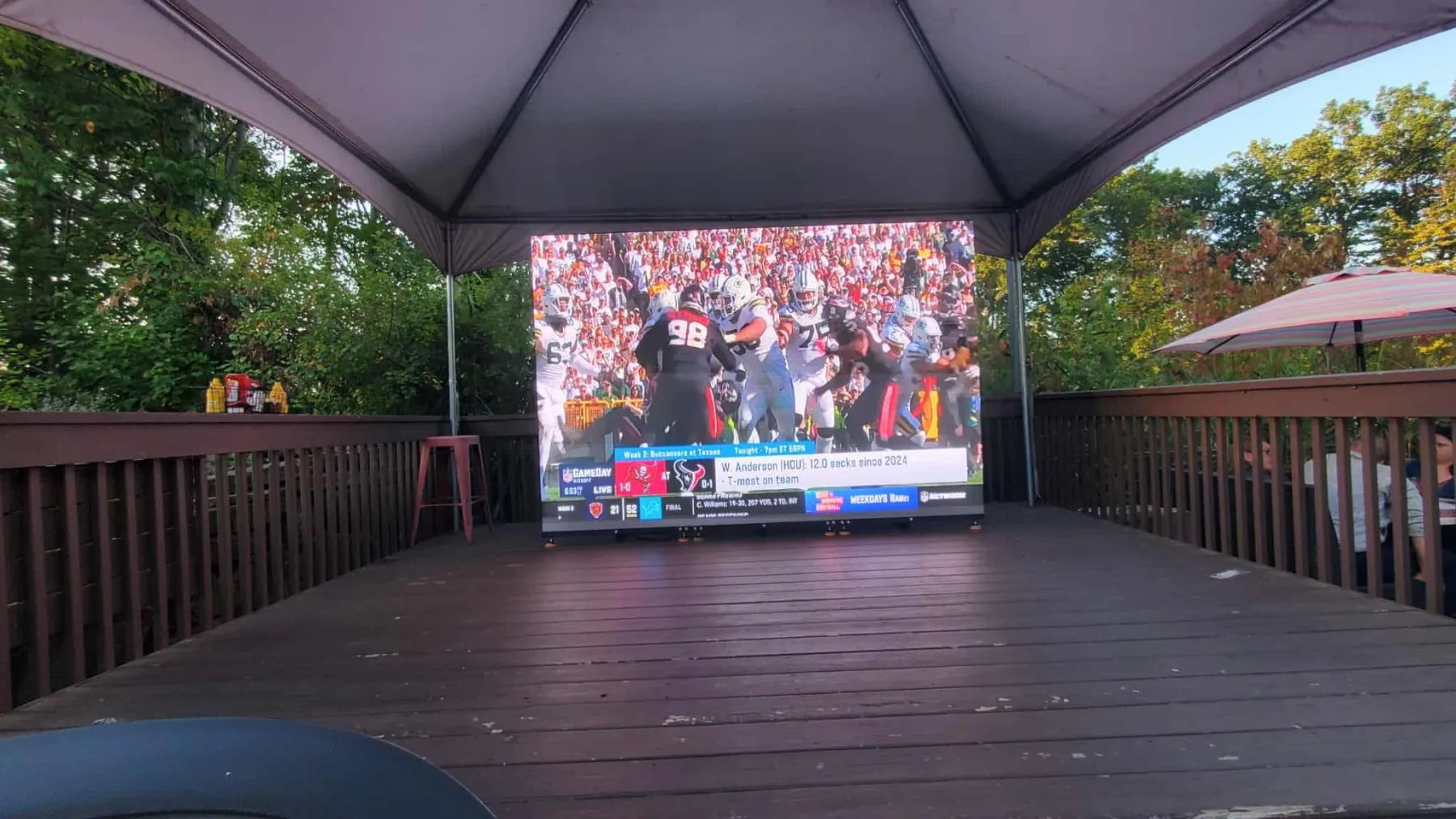 Outdoor LED video wall set under a canopy for event viewing