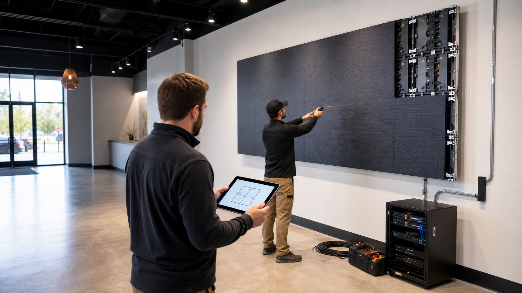LED wall site assessment with installers checking wall measurements, power, data, controller location, and viewing distance